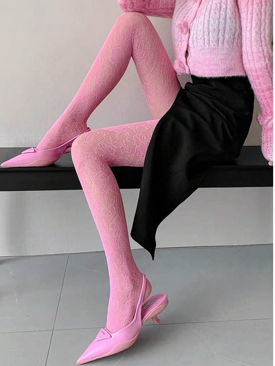 Colorful Floral Fishnet Tights, Thin Hollow Out Jacquard Mesh Pantyhose, Sweet & Sexy