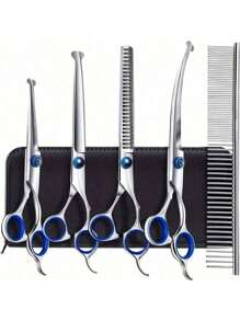 6 Pieces Professional Pet Grooming Scissors Set, Stainless Steel Dog And Cat Hair Thinning Shears With Downward Curved, Straight, Upward Curved Scissors And Comb, Ambidextrous Use