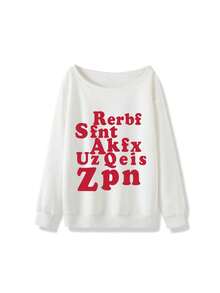 女士红色字母印花露肩长袖卫衣，复古美式风格独特百搭套头衫，秋冬新品 - 白色 - 查看 6