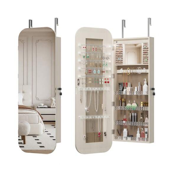 Jewelry Cabinet Wardrobe, Jewelry Storage Cabinet With Full Length Mirror, 360° Swivel Dressing Mirror, Cosmetic Storage, Lockable Locker, Room Decoration Interior Mirror, Suitable For Bedroom, Room, Nail Shop, (White Black Brown W'''21.6*H''62.3)