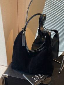 新款多功能麂皮单肩包，适合秋冬季节，时尚简约，饰有烫金Logo，高级轻便，适合大学生日常通勤和购物，轻巧便携。 - 黑色 - 查看 3