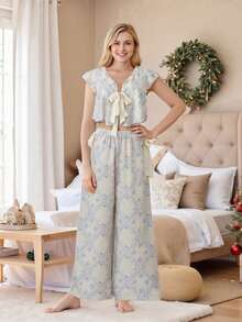 Women 2 Piece Pajamas Set Floral Print Tie Front Fly Sleeves Shirt And Elastic Pants For Loungewear Soft Sleepwear - 藍白色 - 查看 5