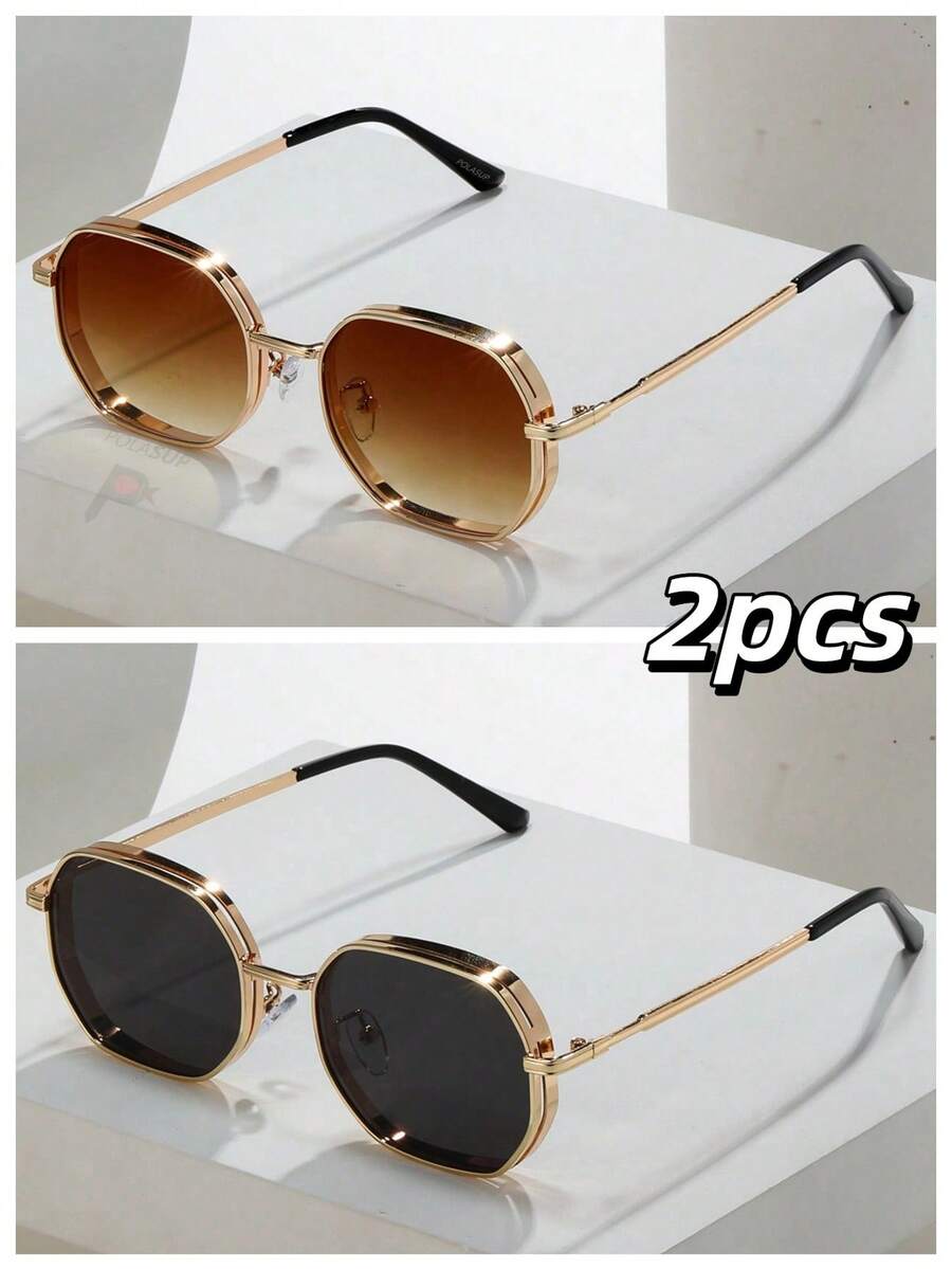 015068863-0009-SX2358 2pcs Men/Women's Summer Metal Geometric Fashion Glasses, Fashion Street Style Eyewear, Black/Gold/Silver/Brown, Suitable For All Seasons, Thick Frame With Ventilation Holes, Comes With Paper Box - 1*khung vàng/xám toàn phần + 1*khung vàng/màu trà chuyển sắc (không bao gồm hộp) - Xem 1
