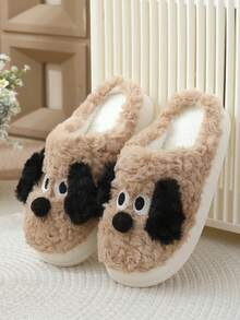 Pantufas femininas de sola grossa com estampa de cachorrinho de desenho animado, pantufas fofas de casal, quentes e antiderrapantes, para uso interno/externo, outono/inverno