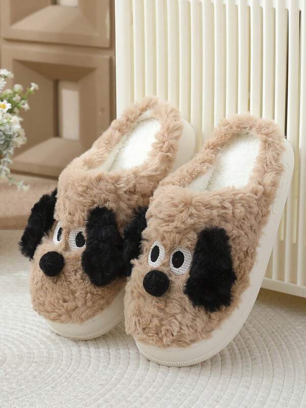 Pantufas femininas de sola grossa com estampa de cachorrinho de desenho animado, pantufas fofas de casal, quentes e antiderrapantes, para uso interno/externo, outono/inverno