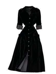 Women's Vintage Waist Pocket Single-Breasted Velvet Cardigan Dress, Autumn/Winter - Black - View 5