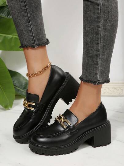 Women's High Heel Pumps, Chunky Heel Square Toe Pumps, Metal Chain Decor Pumps, Round Toe Women's Shoes, Commuter Women's Pumps, Leather Shoes, Women's Platform Loafers, Black Shoes