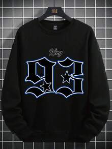 Plus Size Men's New Sweatshirt, Sports Casual Streetwear, Interesting Emo Pattern Band T-Shirts, Basketball Friends TV Show Sweatpants, Anime Halloween Streetwear Sweatshirt, Black Sports Sweatshirt, 93 Blue Printed Star, KIN English Print Long Sleeve Casual Printed White English Print Pattern Versatile Sports Sweatshirt, Y2K Style, Suitable For Daily Wear, Fall Winter