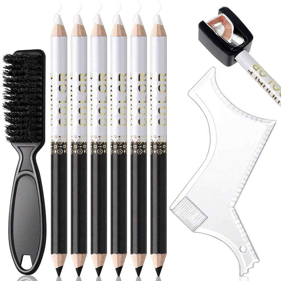 050White Barber Pencil For Lineup Magic Hairline Beard Guide Shaping Pencils Barber Chalk For Design Hairline Razor Trace Barber Pencils Set With Sharpener Ruler Brush For Men-1 - Black White - View 1