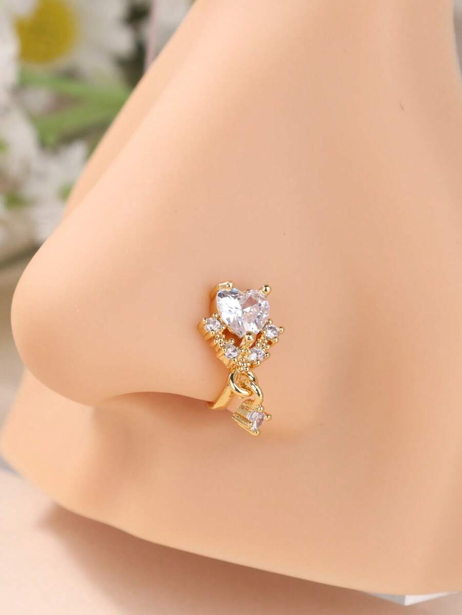 1个闪亮心形立方氧化锆假鼻环 - 镀金镀银铜夹式鼻环，镶嵌透明立方氧化锆，垂坠式锆石非穿孔鼻钉，女士款 - BJ-123 - 查看 1