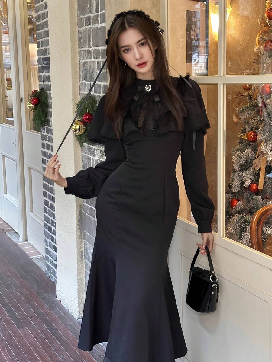 冬季女式洛丽塔披肩哥特美人鱼派对黑色连衣裙圣诞派对优雅别致蕾丝拼接蝴蝶结修身圣诞夜惊魂（不含头饰）