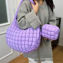 18'' Large Quilted Puffer Bag With Pouch For Women Large Puffer Tote Bag & Quilted Makeup Bag Quilted Crossbody Bag Hobo Crossbody Lightweight Padding Puff Purse Tote Bag Soft Padding Hobo Puffer Shoulder Handbag Quilted Carryall Bag Lightweight For Women Everyday Work Travel GYM - 二合一紫色 - 查看 3