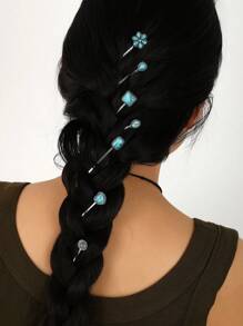 7件套西部绿松石发饰套装，包含爱心水滴花朵造型发夹、单夹发卡和学习用品。 - 彩色 - 查看 4