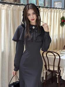 冬季女式洛丽塔披肩哥特美人鱼派对黑色连衣裙圣诞派对优雅别致蕾丝拼接蝴蝶结修身圣诞夜惊魂（不含头饰） - 黑色 - 查看 10