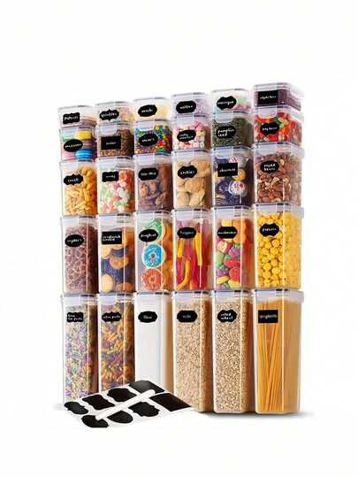 48pcs Christmas Decorations For Home,Candy Jars With LIDS(24 Lids+24 Container), Plastic Food Jars, Plastic Food Storage Jars, Sugar, Cereal, Rice, Flour And Oatmeal Food Jars, Labels, Markers, Dishwasher, Household Kitchen Items,Vanity,Kitchen Decor And Accessories
