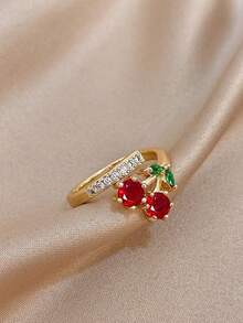 1PC Cherry Statement Open Ring For Teen Girls - 18K Gold Plated Stainless Steel & Zirconia Mom Gift, Teacher Gift, Boho Summer Beach Travel Party Essential, Rave/Prom/Party/Daily Accessories, Gold Yellow Jewellery, Back To School Gift, Birthday Gift