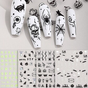 4pcs Glow-In-The-Dark Cartoon Ghost Nail Art Stickers, Spider & Skeleton Designs, Holiday Self-Adhesive Nail Art Decorations, Suitable For DIY Manicure Supplies