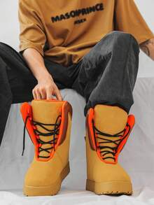 Fashionable Comfortable Warm Lining Anti-Slip Durable Rubber Sole Soft Leather Upper Lace-Up Design Outdoor Travel Boots For Teenage Boys, Autumn/Winter