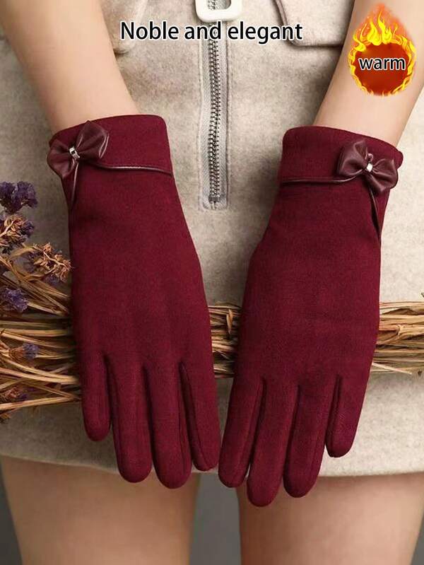 Nuovi guanti da donna con fiocco e touchscreen, versatili per adulti per attività all'aperto, guanti caldi e spessi alla moda con fiocco personalizzato, in fibra di poliestere casual, adatti per l'autunno/inverno