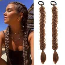 2 Stücke lange geflochtene Pferdeschwanz-Extensions für Frauen, gerade umwickelte Zopf-Pferdeschwanz-Extensions, synthetische Zöpfe mit Gummiband