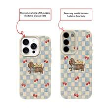 1 pieza Funda de teléfono con patrón de perro salchicha azul con diseño de tablero de ajedrez de cereza, de material TPU, compatible con Apple/Teléfonos - Blanco - Ver 7