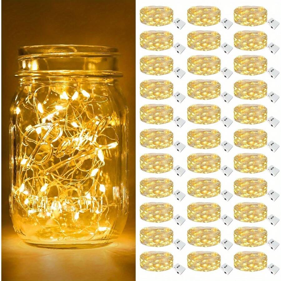 30 Packs Of Fairy Light String Lights 6, 5 Feet 20 LED Waterproof Christmas Lights, Silvery Wire Fireflies, Star And Moon Lights, Bedroom DIY, Party, Wedding, Christmas, Birthday, Garden DIY Decoration, Indoor String Lights, Valentine'S Day, Angel Theme, Plastic Material, Button Control, Non-Rechargeable Battery, Switch Control, Diameter <20mm, Battery Powered, For Bedroom, Party, Wedding, Christmas, Birthday, Garden DIY Decoration, Indoor - 暖白光 - 查看 1
