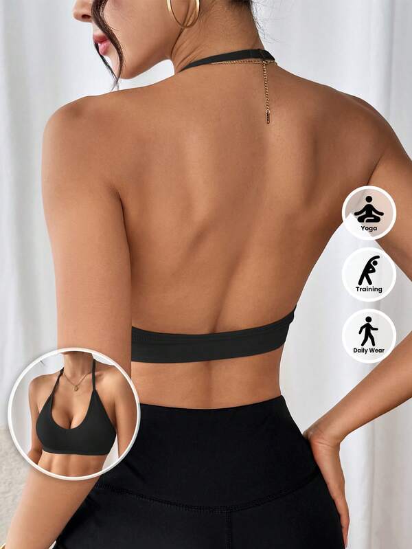 LianShengFa 1pc Seamless Ribbed Openback V-Neck Medium Stretch Sports Bra, Removable Pads Fitness Tank Top, Soft Comfortable Breathable Yoga Bra