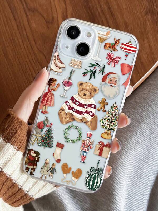 1 carcasă de telefon la modă cu model colaj cu brad de Crăciun, Moș Crăciun, ursuleț cocktail, acoperire completă, transparentă, anti-amprentă, compatibilă cu 16 ProMax/16/16 Pro/16 Plus/11/15/15 Pro/15 ProMax/12/13/14 ProMax/XS/XR/11 Pro/11 ProMax/12 Pro/12 ProMax/13 Pro/13 ProMax/7 Plus/14 Pro/14 ProMax/14 Plus/7 Plus/8 Plus/8/SE2/12 Mini/13 Mini, anti-îngălbenire