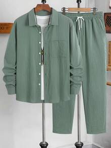 Men's Solid Color Textured Fabric Comfortable Breathable Material Turndown Collar Full Zip Contrast Button Design Long Sleeve Pants 2 Pieces Set, Suitable For Daily Casual, Fashion Minimalist, Beach Resort, Light Business, Multi-Occasion, Spring/Autumn Long Sleeve Pants 2 Pieces Set