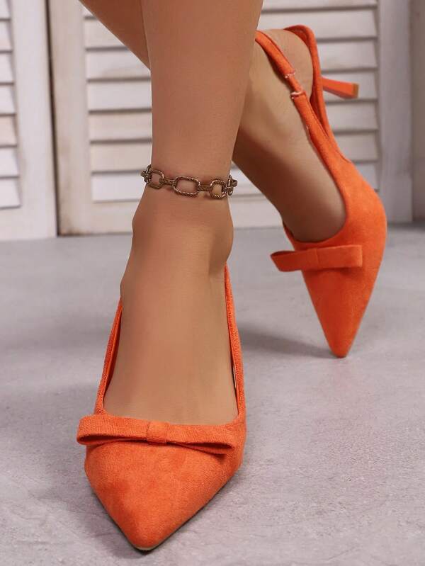 Damen Mode personalisierte Dopamin Farbe Orange Wildleder spitz zulaufende Schleife Slip-On High Heel Schuhe