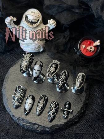 独特的万圣节指甲，10 件恐怖季节独家万圣节手工按压指甲杏仁指甲 3d 立体钻石网格手工雕刻 Y2k 指甲 3d 艺术手工雕刻蜘蛛网和扎染指甲艺术银色和黑色指甲全覆盖亚克力假指甲套装，适合女性和女孩，附赠凝胶贴纸指甲锉