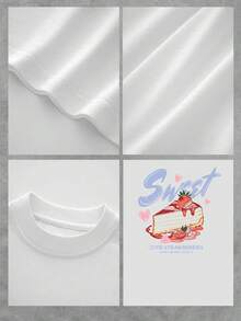 Camiseta de mujer con dulce tarta de fresa, camiseta casual con lindo gráfico de cupcake, top de manga corta con cuello redondo, ropa de verano de moda, tela suave y cómoda - Blanco - Ver 4