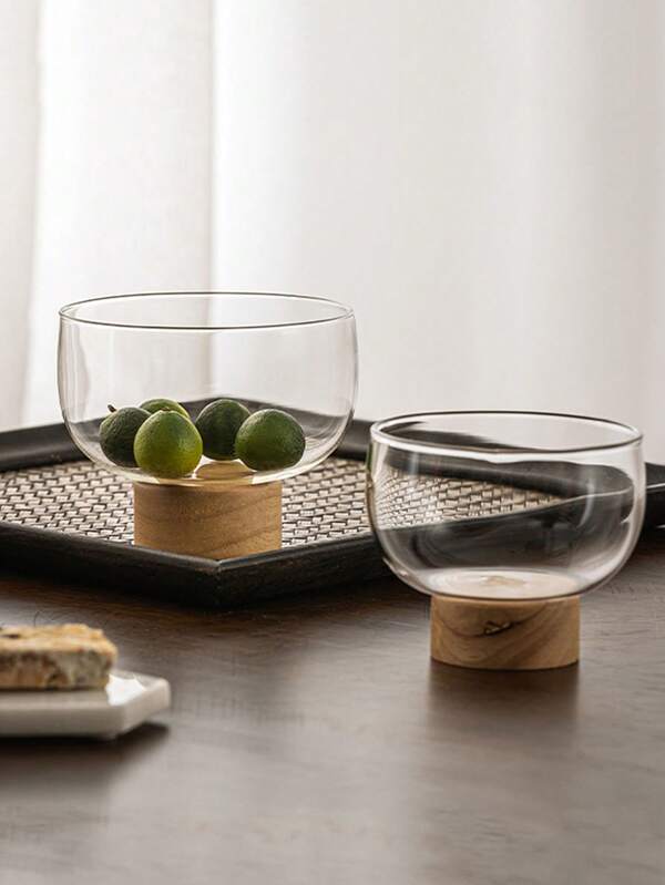 1 قطعة وعاء زجاجي ذو قاعدة خشبية بسيطة، بطراز عتيق لتقديم الفاكهة والآيس كريم والحلوى والزبادي، صينية شاي للغرفة المعيشية، وعاء سلطة وحلوى، مناسب للاستخدام المنزلي أو كهدية