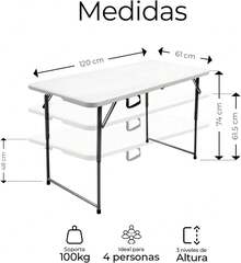 Raganet, Mesa Plegable de Plastico, 121Centimetros de Largo, Ajustable a 3 Diferentes Alturas, Plástico Resistente para Interiores y Exteriores, Forma Rectangular, Plegable en Portafolio Color Blanco - 1 - Ver 3