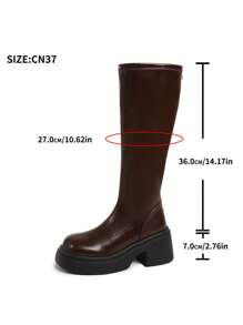 New Brown Thick Bottom Chunky Calf Length Stretch Boots, Autumn/Winter,Women Boots - Brown - View 8