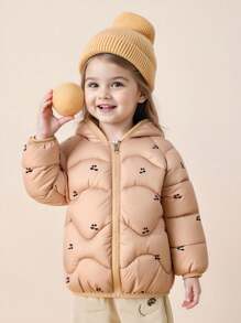 全新樱桃印花夹棉夹克外套，男童女童保暖秋冬上衣，幼儿婴儿夹棉派克大衣外套 - 杏色 - 查看 4