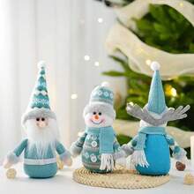 1pc Christmas Decoration Plush Blue Snowman Doll, Cute Fabric Doll Sled Figurine For Home Tabletop Display - Multicolor - View 1