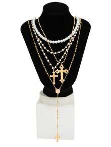 4 件 Znice 时尚个性化十字架吊坠项链，嘻哈独特珍珠多层颈链，适合父亲节和母亲节 - 4件套款式6 - 查看 6