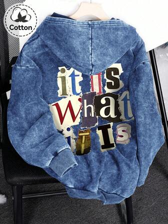 Heren hoodie met capuchon en "It Is What It Is"-patroon, licht elastisch model, gewassen en verweerd katoenen fleece, saffierblauw vest met lange mouwen en rits, casual outdoorjack voor het begin van het schooljaar