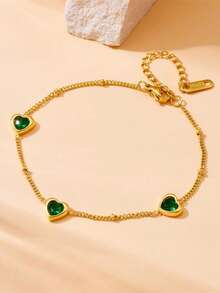 1pc Elegant Stainless Steel Bracelet With Green Heart Pendant - Women's Fashion Accessory For Daily Wear And Parties, Mother's Gift, Women's Gift, Great For Gifting