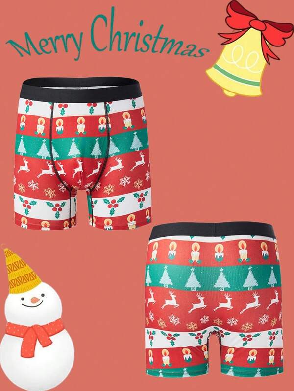 Męskie wygodne długie bokserki z nadrukiem świątecznym, bokserki Atmosphere