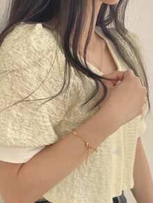 2025 Spring/Summer Button-Up Solid Color Women Short Sleeve Blouse - Apricot - View 3
