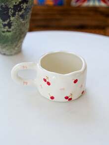 1pc Korean Ins-Style Hand-Painted Ceramic Coffee Cup & Saucer Set, Asymmetrical Cup Body With Cherry & Strawberry Pattern, Practical Ceramic Drinkware For Office, Casual, Breakfast, Afternoon Tea