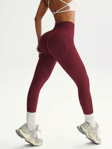 TCVC Women'S High Elastic Fashion Dopamine Sports Leggings, Macaroon Colors, High Waist Tummy Control Peach Butt, High Stretch Sports, Skin-Friendly Fabric, Tight Shaping, Casual Versatile, Autumn/Winter, Sports Tights - Burgundy - View 4