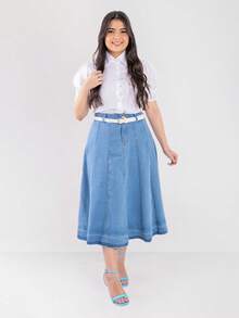 Denim Midi Skirt Round Godet Evangelical Fashion June Festival - Baby Blue - View 3