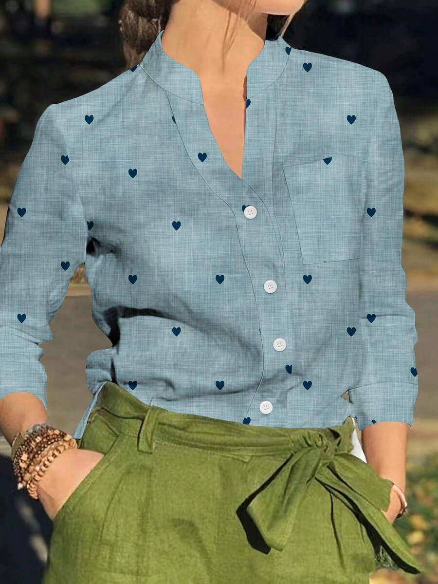 女士浪漫心形印花长袖纽扣衬衫，带口袋，秋冬上衣 - 藏蓝色 - 查看 1