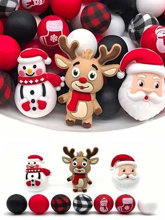 Christmas Silicone Beads DIY Craft Mega Set - 3D Reindeer With Santa Hats, Santa Claus Print & Gingerbread Man Beads For Jewelry, Keychains, Phone Straps & Holiday Decorations - Festive DIY Gift Making Kit For Christmas & Birthdays