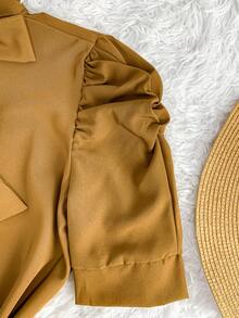 Women's Formal Blouse With Short Puff Sleeves And Bow No. 8 - 棕色 - 查看 4