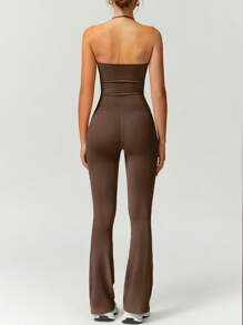 NcmRyu 1pc Women Seamless Elastic Sports Racerback Waist Lifting Shaping Sexy Casual Jumpsuit Pants - Brown - View 3