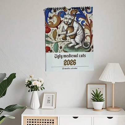 تقويم قطط قرون الوسطى لعام 2026 - قطط قبيحة من العصور الوسطى - تقويم جداري بطراز جوتي قديم مع علامات شهرية - ديكور المنزل والمكتب - هدية عيد ميلاد لعشاق القطط